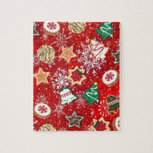 Christmas Cookies and Snowflakes on Red Jigsaw Puzzle