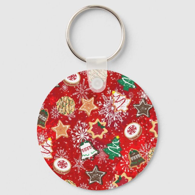 Christmas Cookies and Snowflakes on Red Key Ring (Front)