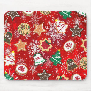 Christmas Cookies and Snowflakes on Red Mouse Mat