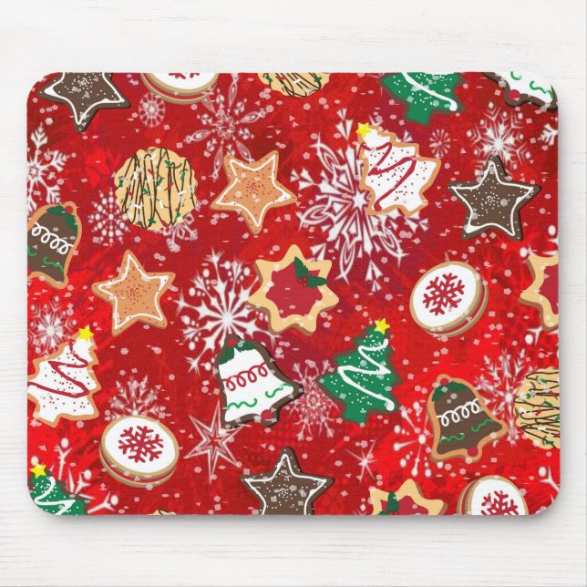 Christmas Cookies and Snowflakes on Red Mouse Mat (Front)