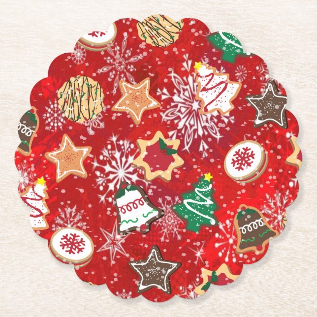 Christmas Cookies and Snowflakes on Red Paper Coaster (Front)