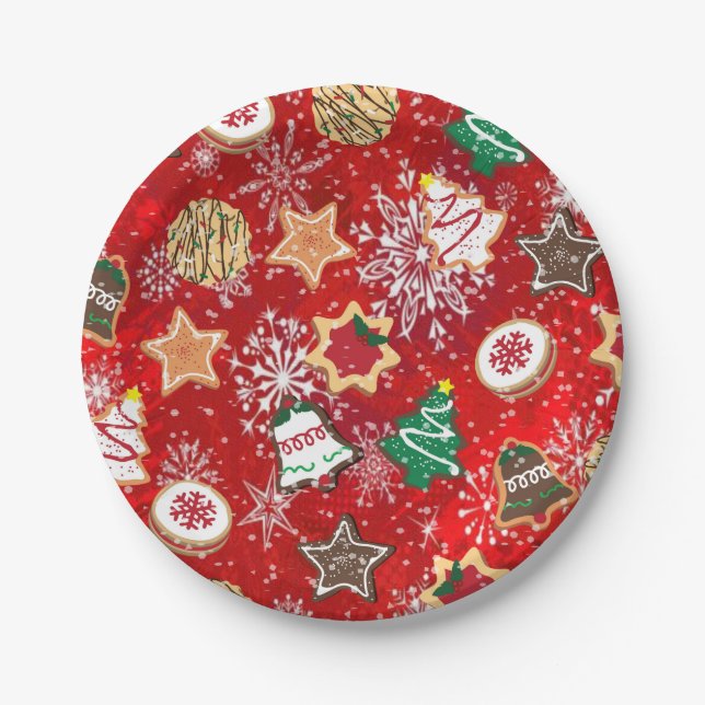 Christmas Cookies and Snowflakes on Red Paper Plate (Front)