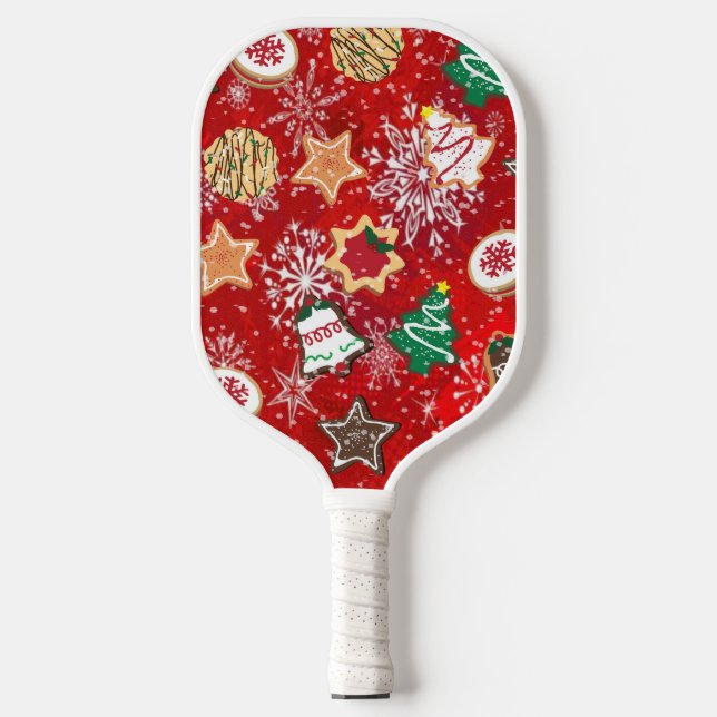 Christmas Cookies and Snowflakes on Red Pickleball Paddle (Front)
