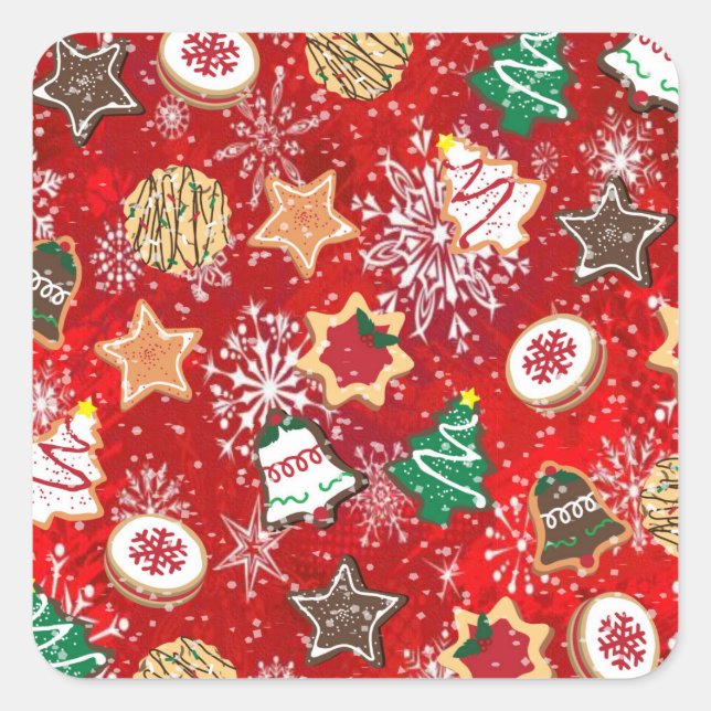 Christmas Cookies and Snowflakes on Red Square Sticker (Front)
