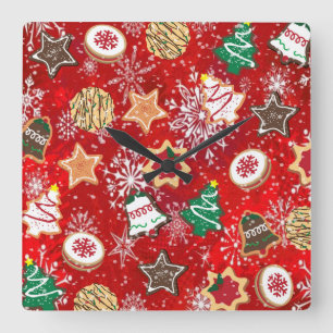 Christmas Cookies and Snowflakes on Red Square Wall Clock