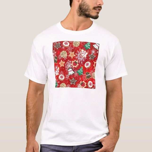 Christmas Cookies and Snowflakes on Red T-Shirt (Front)