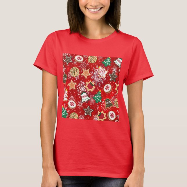 Christmas Cookies and Snowflakes on Red T-Shirt (Front)
