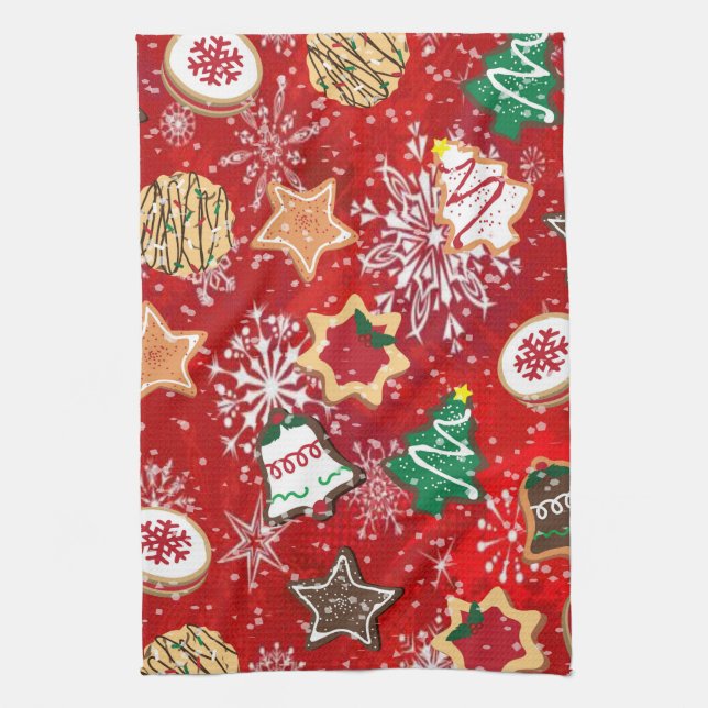 Christmas Cookies and Snowflakes on Red Tea Towel (Vertical)