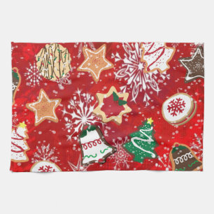 Christmas Cookies and Snowflakes on Red Tea Towel