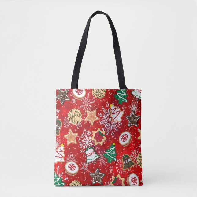 Christmas Cookies and Snowflakes on Red Tote Bag (Front)