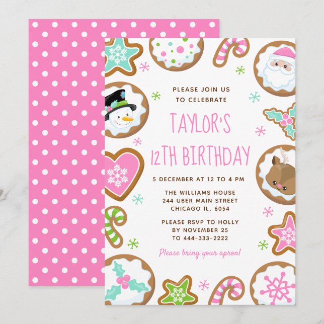 Christmas Cookies Birthday Party Pink and Green Invitation (Front/Back)