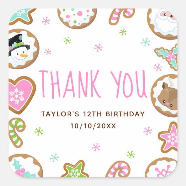 Christmas Cookies Birthday Party Pink Thank You Square Sticker (Front)