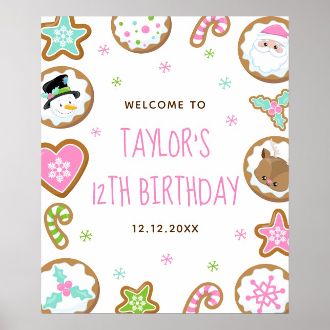 Christmas Cookies Birthday Pink Green Welcome Sign (Front)