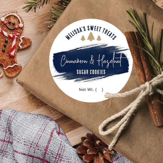 Christmas Cookies Navy Gold Elegant Holiday Baking Classic Round Sticker (Modern Christmas stickers for your cookies, cupcakes or other holiday treats)