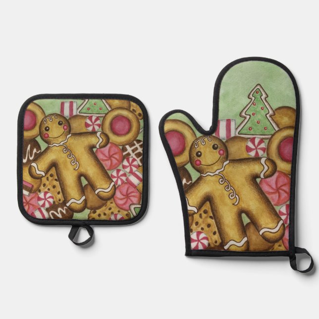 Christmas Cookies Oven Mitt and Pot Holder Set  (Front)