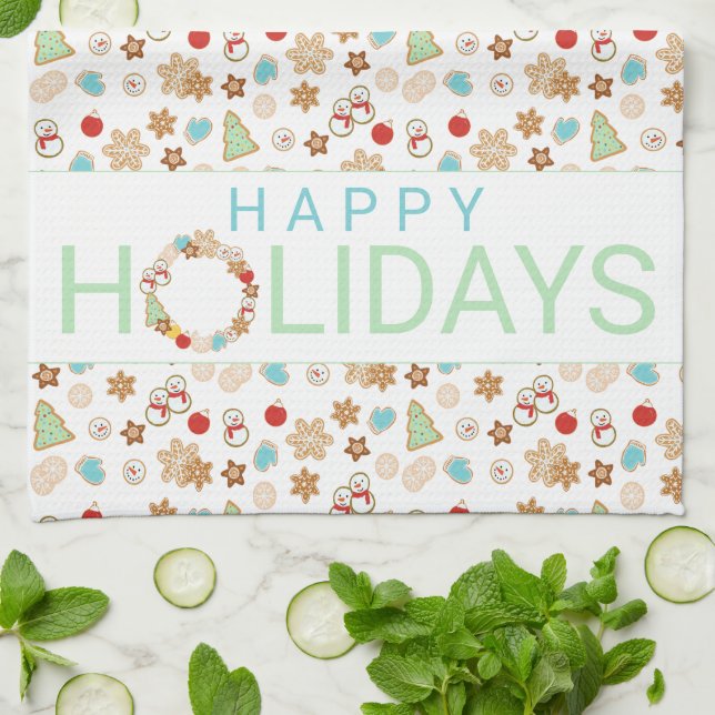 Christmas Cookies Patterned Happy Holidays Tea Towel (Folded)