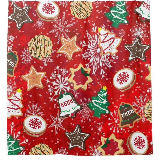 Christmas Cookies & Snowflakes red Shower Curtain (Front)