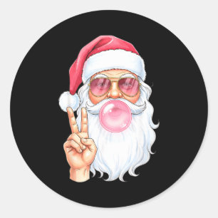 Christmas Cool Santa Bubble Gum Peace Sign Retro S Classic Round Sticker