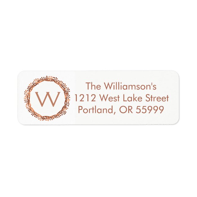 Christmas copper-look berry wreath monogram label (Front)