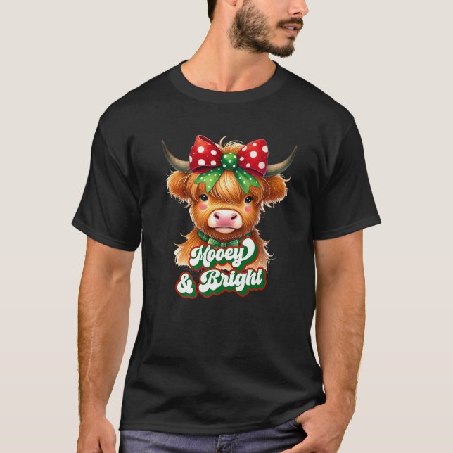 Christmas Coquette Bow Highland Cow Merry And Brig T-Shirt (Front)