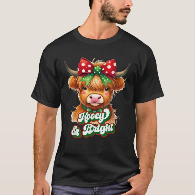 Christmas Coquette Bow Highland Cow Merry And Brig T-Shirt (Front)
