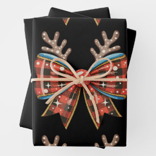 Christmas Coquette Bow Red Buffalo Plaid Reindeer Wrapping Paper Sheet