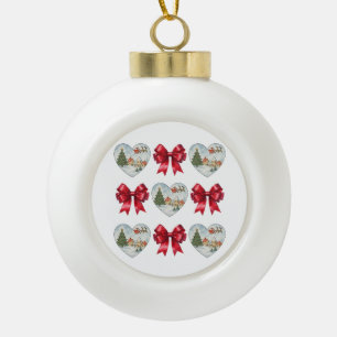 Christmas Coquette Heart and Bows Pattern Ceramic Ball Christmas Ornament