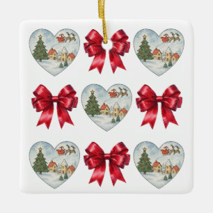 Christmas Coquette Heart and Bows Pattern Ceramic Ornament