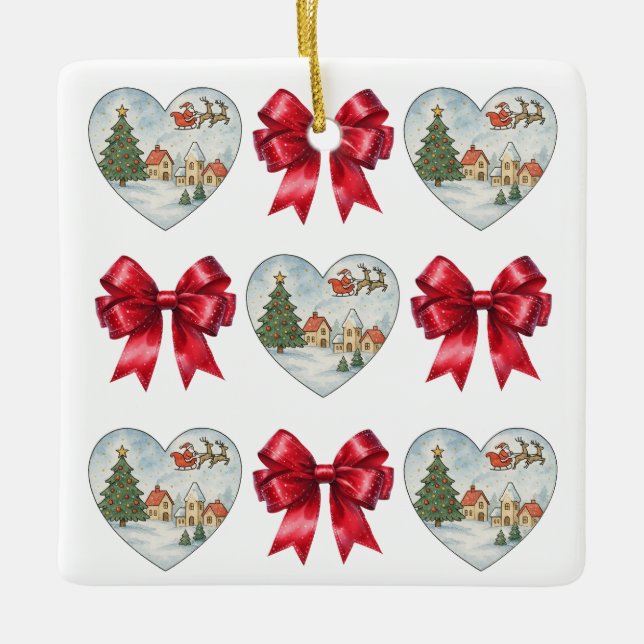 Christmas Coquette Heart and Bows Pattern Ceramic Ornament (Front)