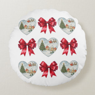 Christmas Coquette Heart and Bows Pattern Round Cushion
