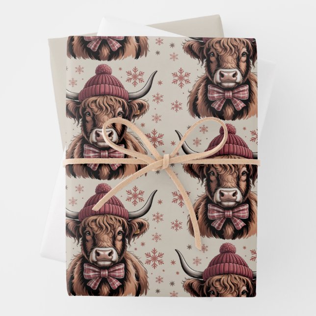 Christmas Coquette Highland Cow Western Farmer Wrapping Paper Sheet (In situ)