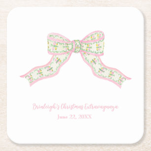 Christmas Coquette Pink Green Bow Square Paper Coaster