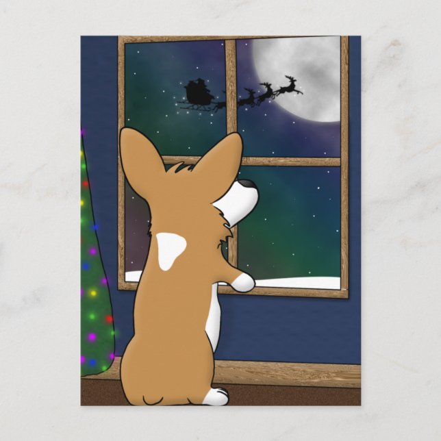 Christmas Corgi at Window Holiday Postcard (Front)