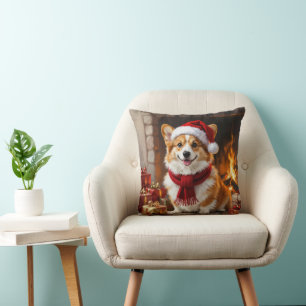 Christmas Corgi Dog by the Fireplace Cushion