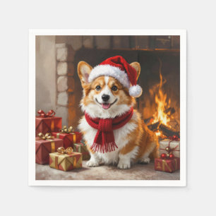 Christmas Corgi Dog by the Fireplace Napkin