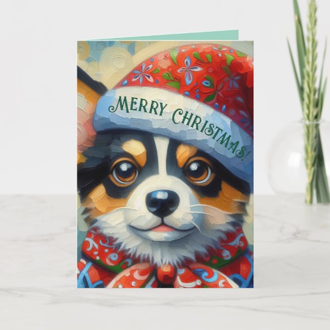 Christmas Corgi Dog Puppy w/Santa Hat Card (Front)
