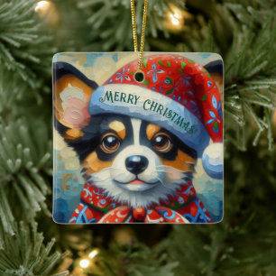 Christmas Corgi Dog Puppy w/Santa Hat Ceramic Ornament