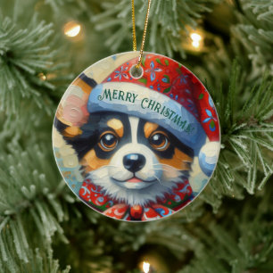 Christmas Corgi Dog Puppy w/Santa Hat Ceramic Tree Decoration