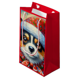 Christmas Corgi Dog Puppy w/Santa Hat Small Gift Bag