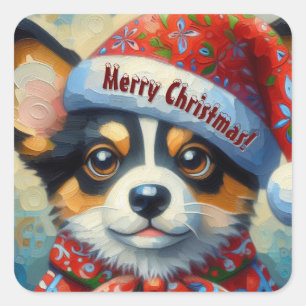 Christmas Corgi Dog Puppy w/Santa Hat Square Sticker