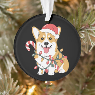 Christmas Corgi Dog Santa Hat Lights Candy Cane Ornament