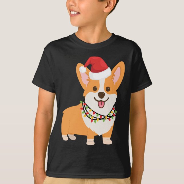 Christmas Corgi Dog with Santa Hat and Christmas L T-Shirt (Front)