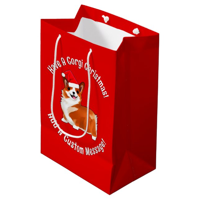 Christmas Corgi Dog With Santa Hat Medium Gift Bag (Front Angled)