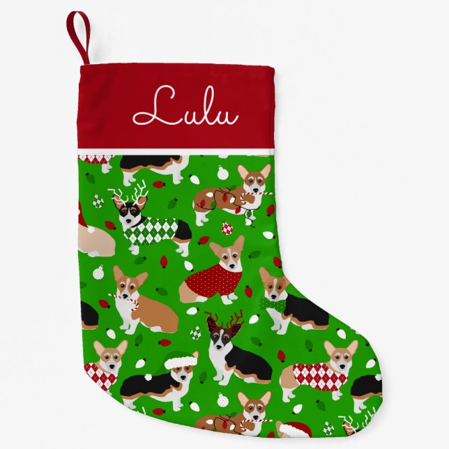 Christmas Corgi Dogs Custom Name Small Christmas Stocking (Front)