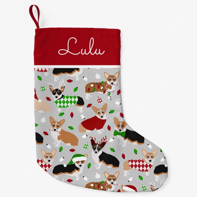Christmas Corgi Dogs Custom Name Small Christmas Stocking (Front)