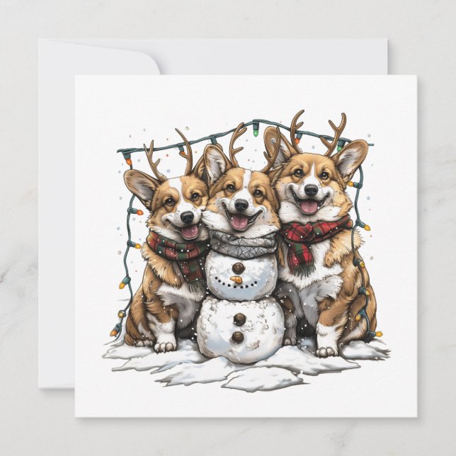 Christmas Corgi Dogs Snowman Holiday Card (Front)