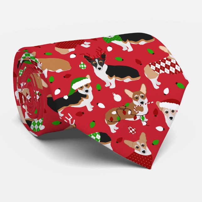 Christmas Corgi Dogs Tie (Rolled)
