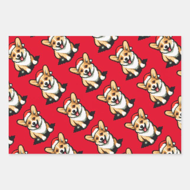 Christmas Corgi, Duck and Racoon 3 Pixel arts Wrapping Paper Sheet (Front)