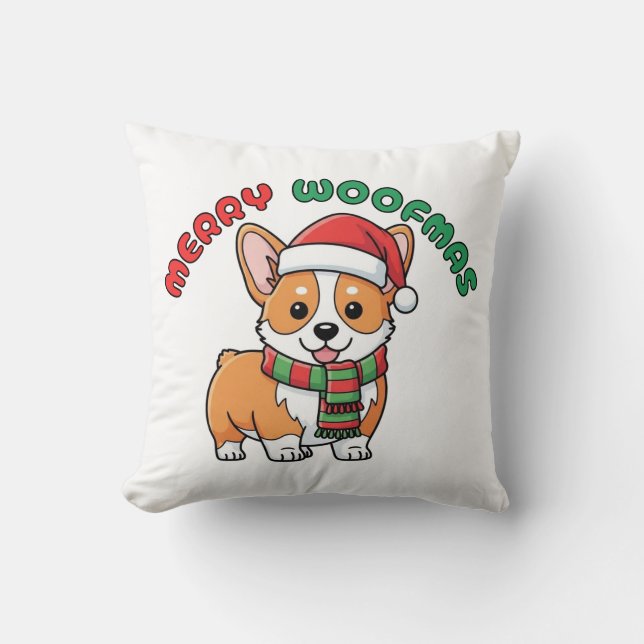 Christmas Corgi Pillow: Merry Woofmas Cushion (Front)