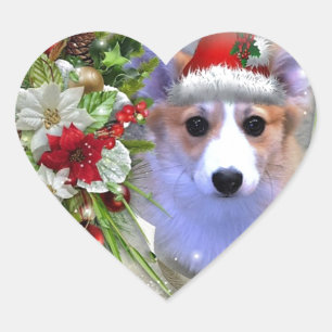 Christmas Corgi Puppy in White Frame Heart Sticker